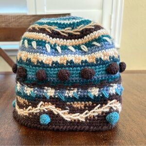 NEWARI ICELANDIC Crocheted Wool Knit Beanie Lined Nepal Blues Browns Women OS